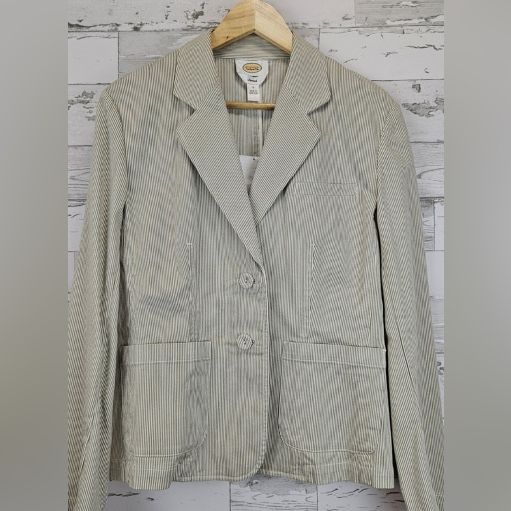 Talbot cotton blazer- khaki green and white stripes with stretch.